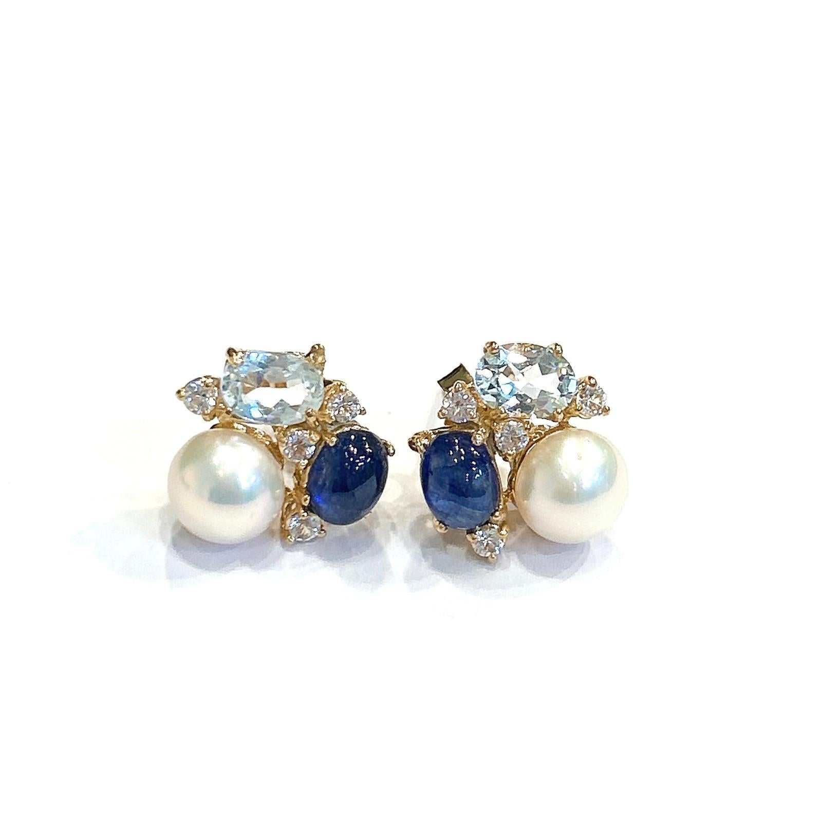 Bochic “Orient” Blue Sapphire, Topaz & Pearl Earrings Set In 18K Gold & Silver In New Condition For Sale In New York, NY