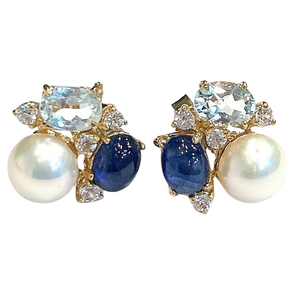 Bochic “Orient” Blue Sapphire, Topaz & Pearl Earrings Set In 18K Gold & Silver