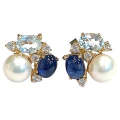 Bochic "Orient" Blauer Saphir, Topas & Perlen Ohrringe in 18K Gold & Silber