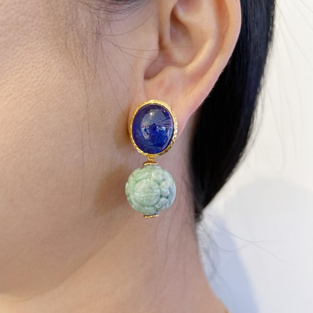 Bochic “Orient” Blue Sapphire & Vintage Jade Earrings Set In 18 K Gold & Silver 
Natural Blue Sapphire, cabochon Oval shapes, from Sri Lanka - 12 Carat
Vintage carved Mint Green Carved Jade beads 
The earrings from the 