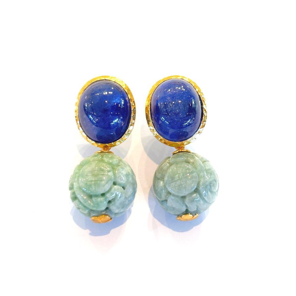 Baroque Bochic “Orient” Blue Sapphire & Vintage Jade Earrings Set In 18 K Gold & Silver For Sale