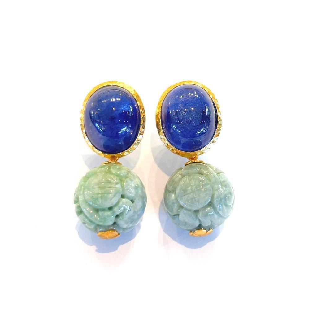 Baroque Bochic “Orient” Blue Sapphire & Vintage Jade Earrings Set In 18 K Gold & Silver  For Sale