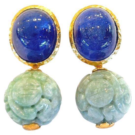 Bochic “Orient” Blue Sapphire & Vintage Jade Earrings Set In 18 K Gold & Silver 