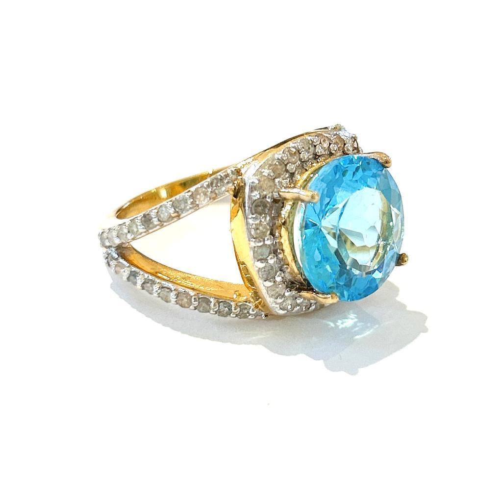 Retro Bochic “Orient” Blue Topaz & Diamond  Cocktail Ring Set In 18 K Gold & Silver  For Sale