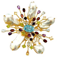 Bochic “Orient” Blue Topaz & Multi Gem Brooch Set In 18K Gold & Silver 