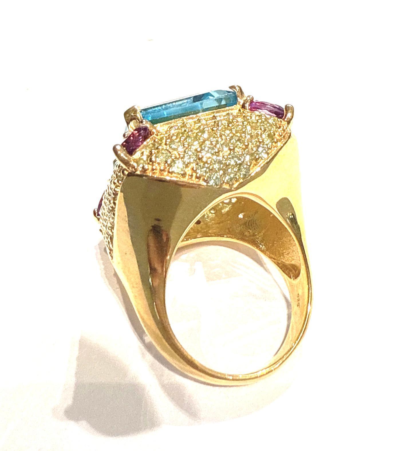 Bochic “Orient” Blue Topaz & Multi Gem Cocktail Ring Set In 18K Gold & Silver For Sale 5