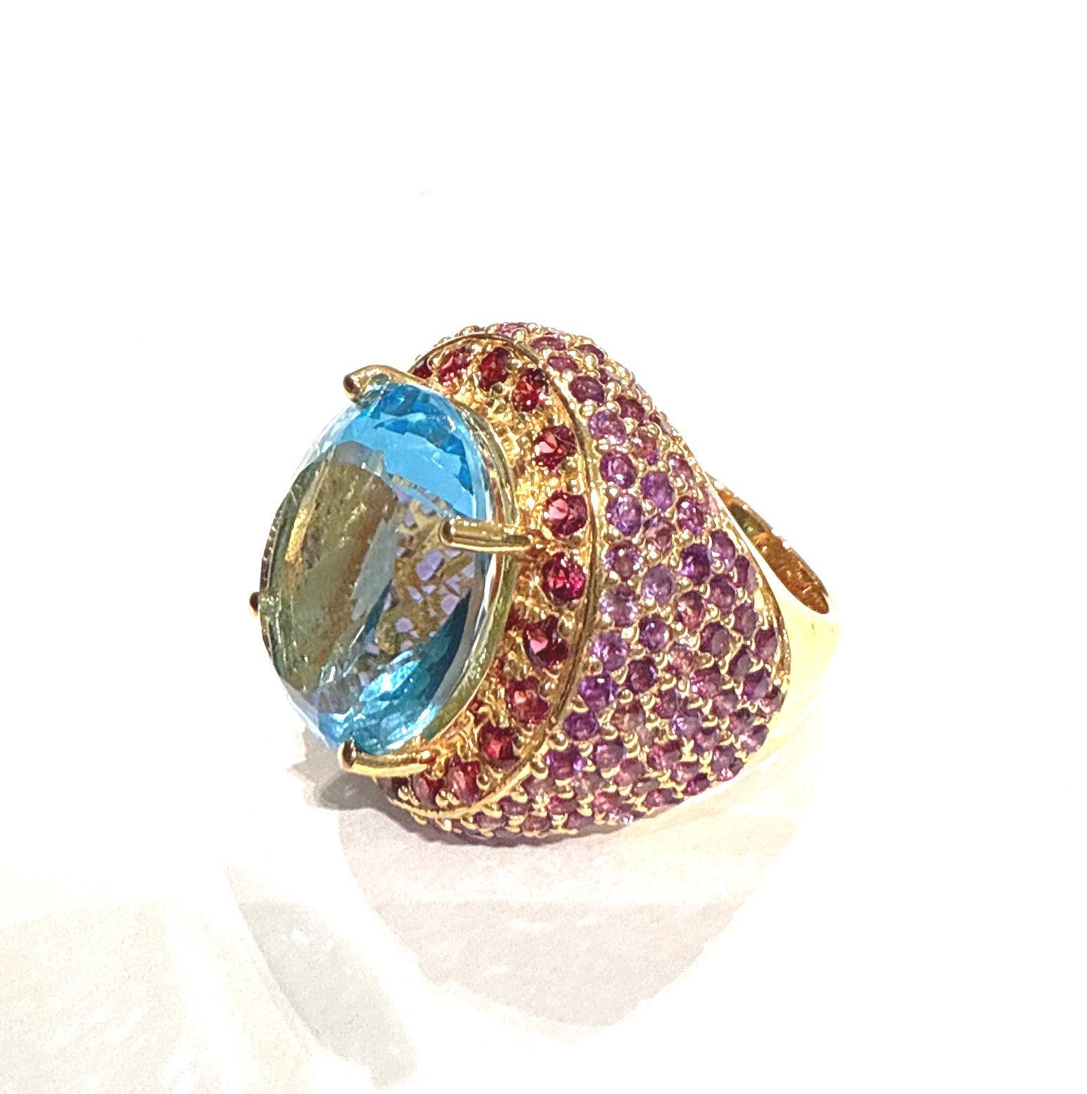 Bochic “Orient” Blue Topaz & Multi Gem Cocktail Ring Set In 18K Gold & Silver For Sale 5