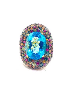 Anello da cocktail con topazio blu e gemme multiple di Bochic "Orient" in oro e argento 18 carati