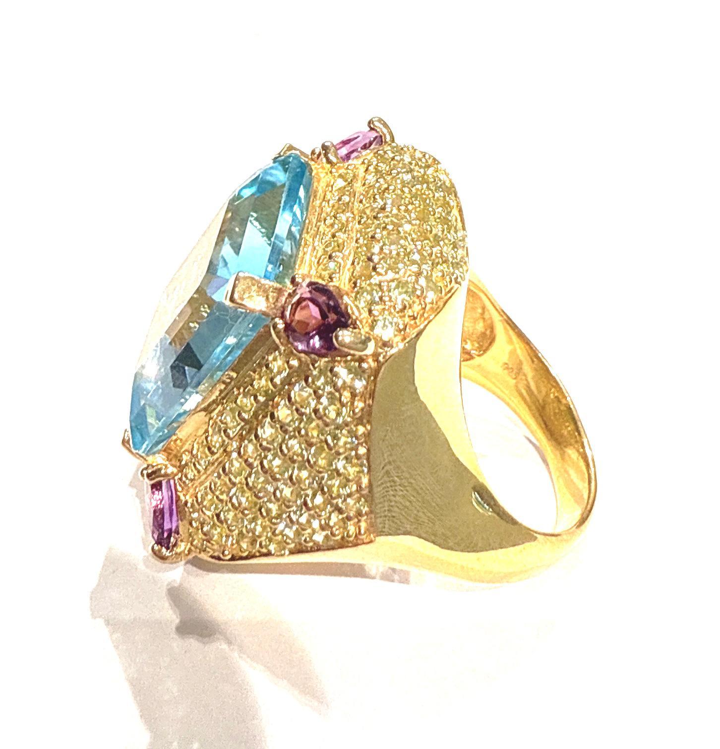 Art Deco Bochic “Orient” Blue Topaz & Multi Gem Cocktail Ring Set In 18K Gold & Silver For Sale