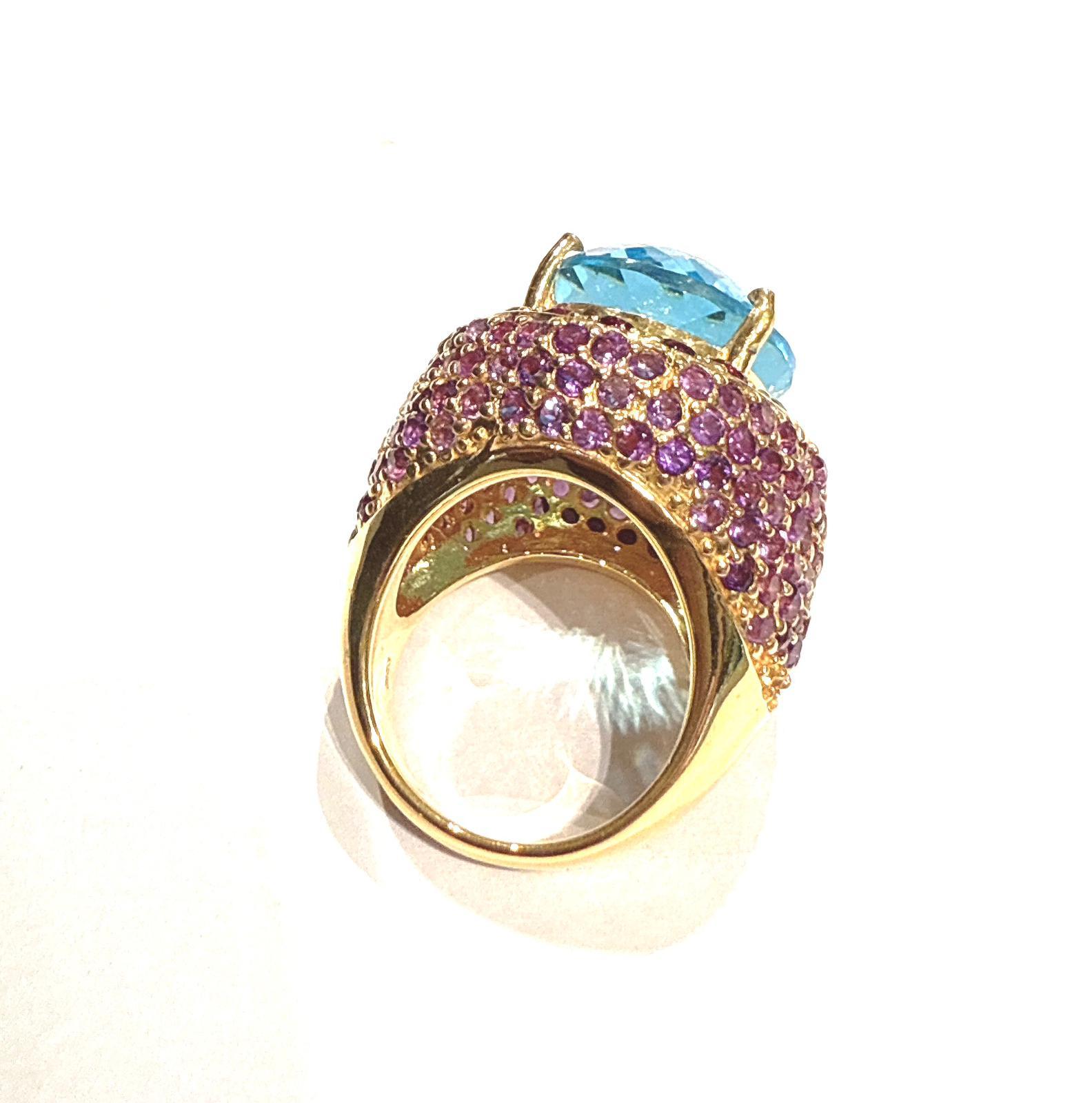 Art Deco Bochic “Orient” Blue Topaz & Multi Gem Cocktail Ring Set In 18K Gold & Silver For Sale