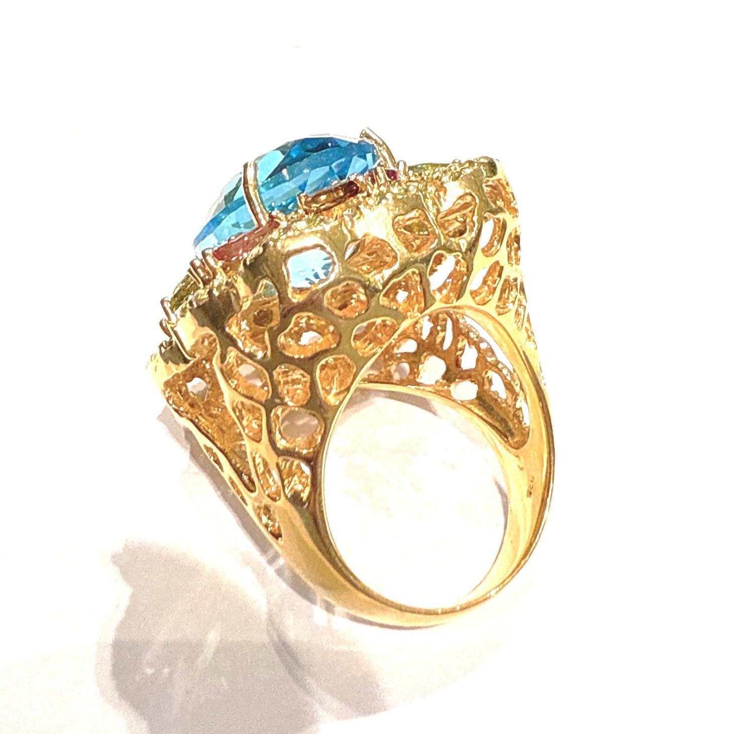 Brilliant Cut Bochic “Orient” Blue Topaz & Multi Gem Cocktail Ring Set In 18K Gold & Silver For Sale