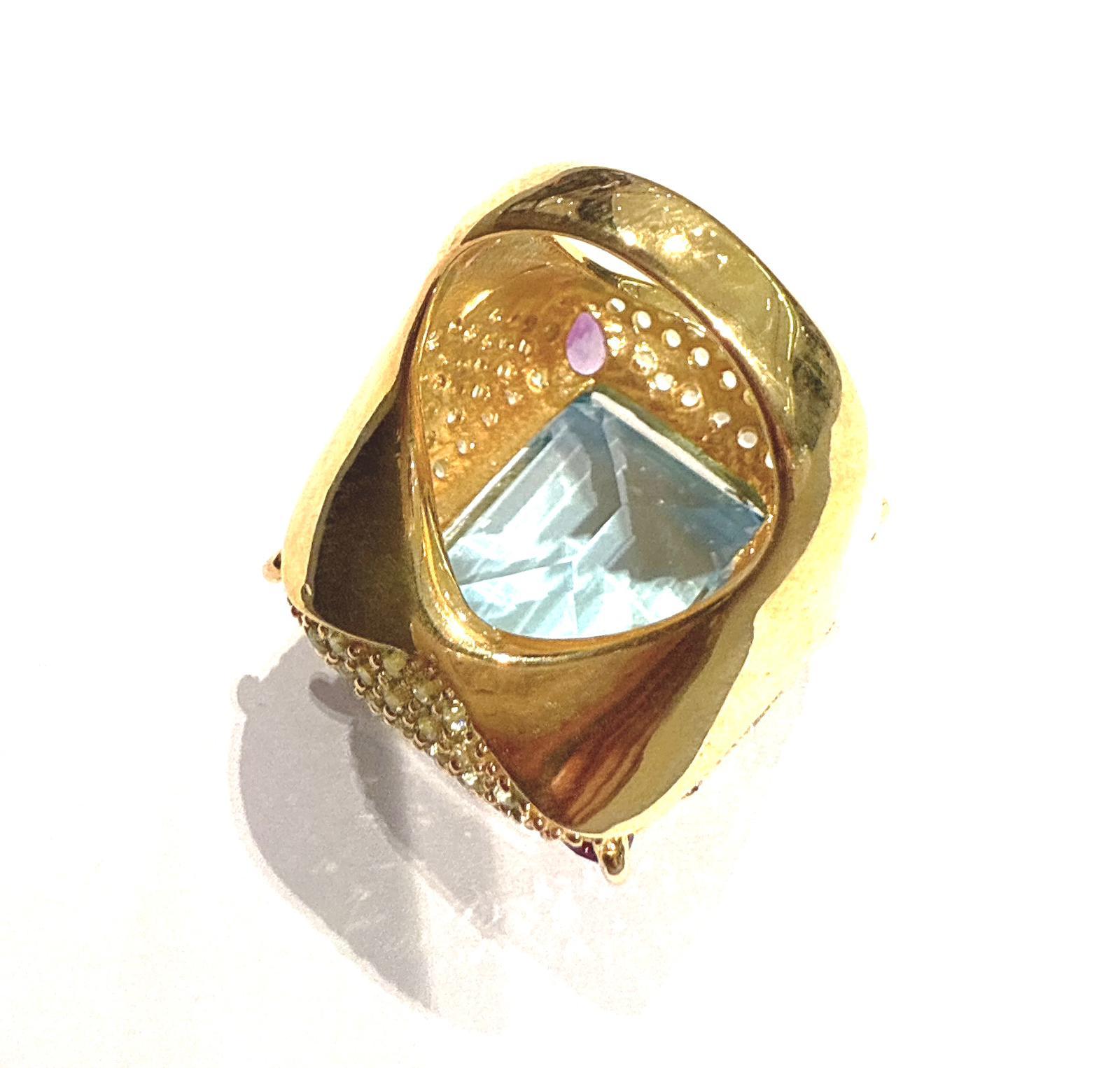 Bochic “Orient” Blue Topaz & Multi Gem Cocktail Ring Set In 18K Gold & Silver For Sale 1