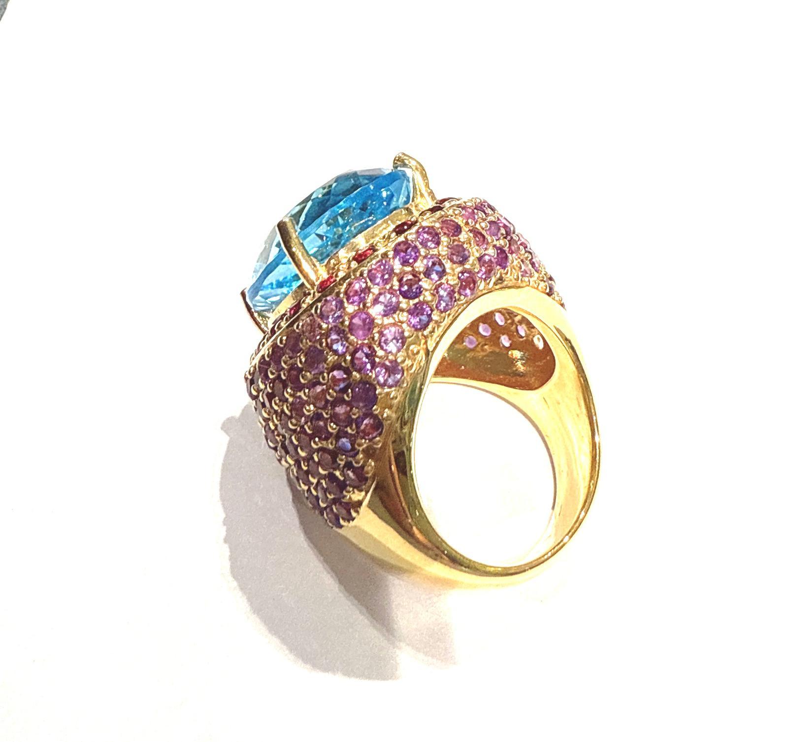 Bochic “Orient” Blue Topaz & Multi Gem Cocktail Ring Set In 18K Gold & Silver For Sale 1
