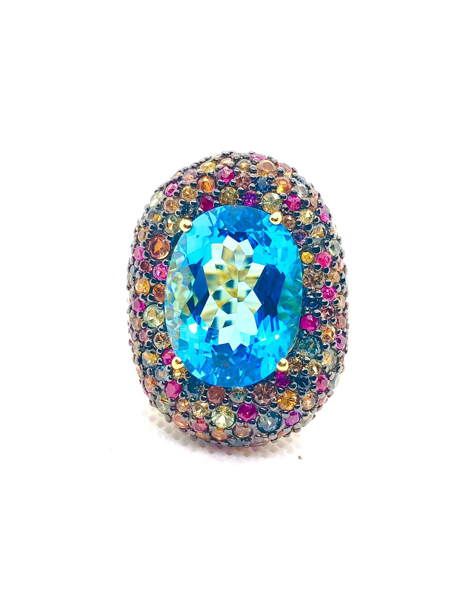 Anello da cocktail con topazio blu e gemme multiple di Bochic 