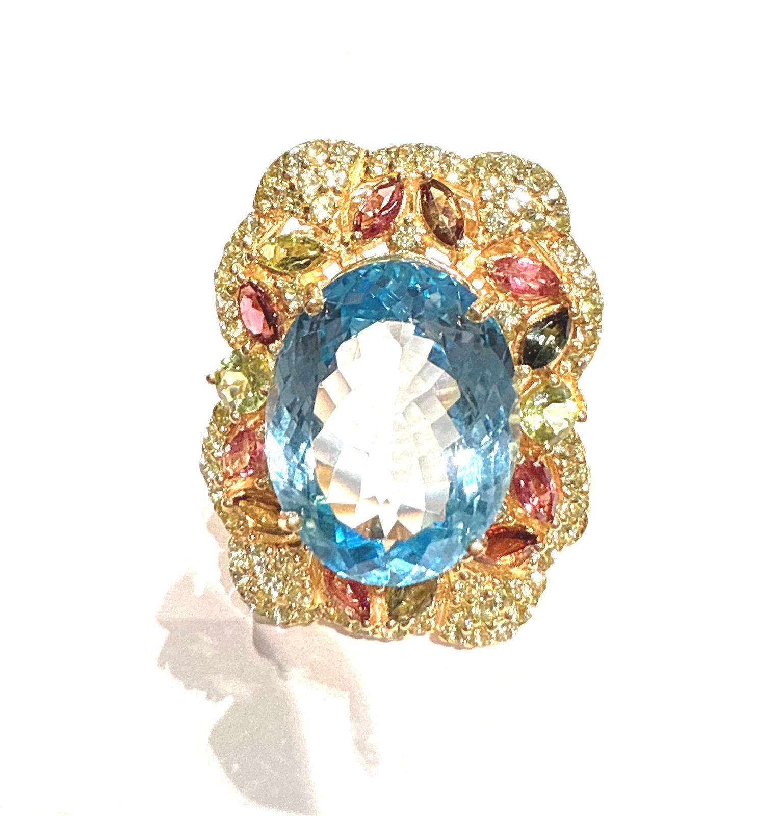 Bochic “Orient” Blue Topaz & Multi Gem Cocktail Ring Set In 18K Gold & Silver For Sale 2