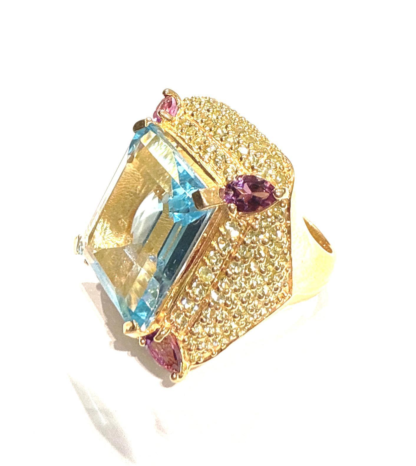 Bochic “Orient” Blue Topaz & Multi Gem Cocktail Ring Set In 18K Gold & Silver For Sale 3