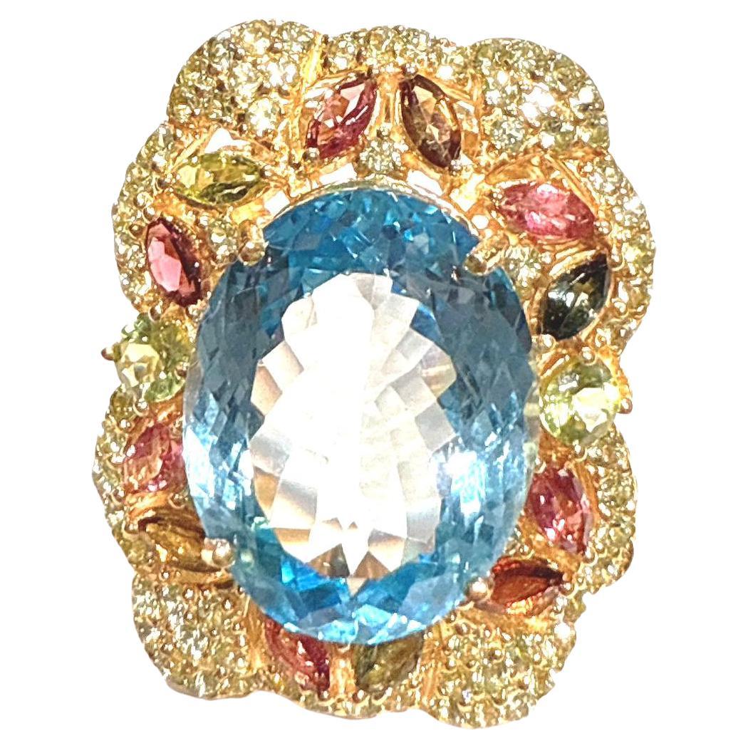 Bochic “Orient” Blue Topaz & Multi Gem Cocktail Ring Set In 18K Gold & Silver