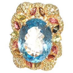 Anello da cocktail con topazio blu e gemme multiple di Bochic "Orient" in oro e argento 18 carati