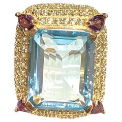 Anello da cocktail con topazio blu e gemme multiple di Bochic "Orient" in oro e argento 18 carati