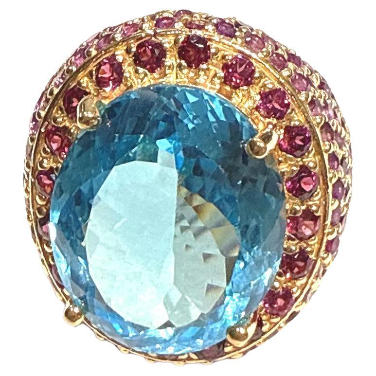 Bochic “Orient” Blue Topaz & Multi Gem Cocktail Ring Set In 18K Gold & Silver