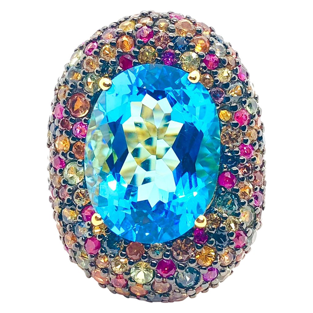 Bochic “Orient” Blue Topaz 
Multi Gem Cocktail Ring Set In 18K Gold 
Silver For Sale