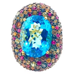 Bochic “Orient” Blue Topaz & Multi Gem Cocktail Ring Set In 18K Gold & Silver