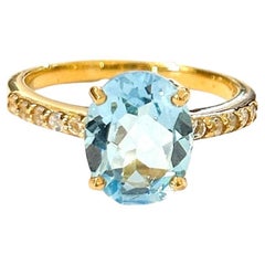 Bochic “Orient” Blue Topaz & White Topaz Solitaire Ring Set In 18K Gold & Silver