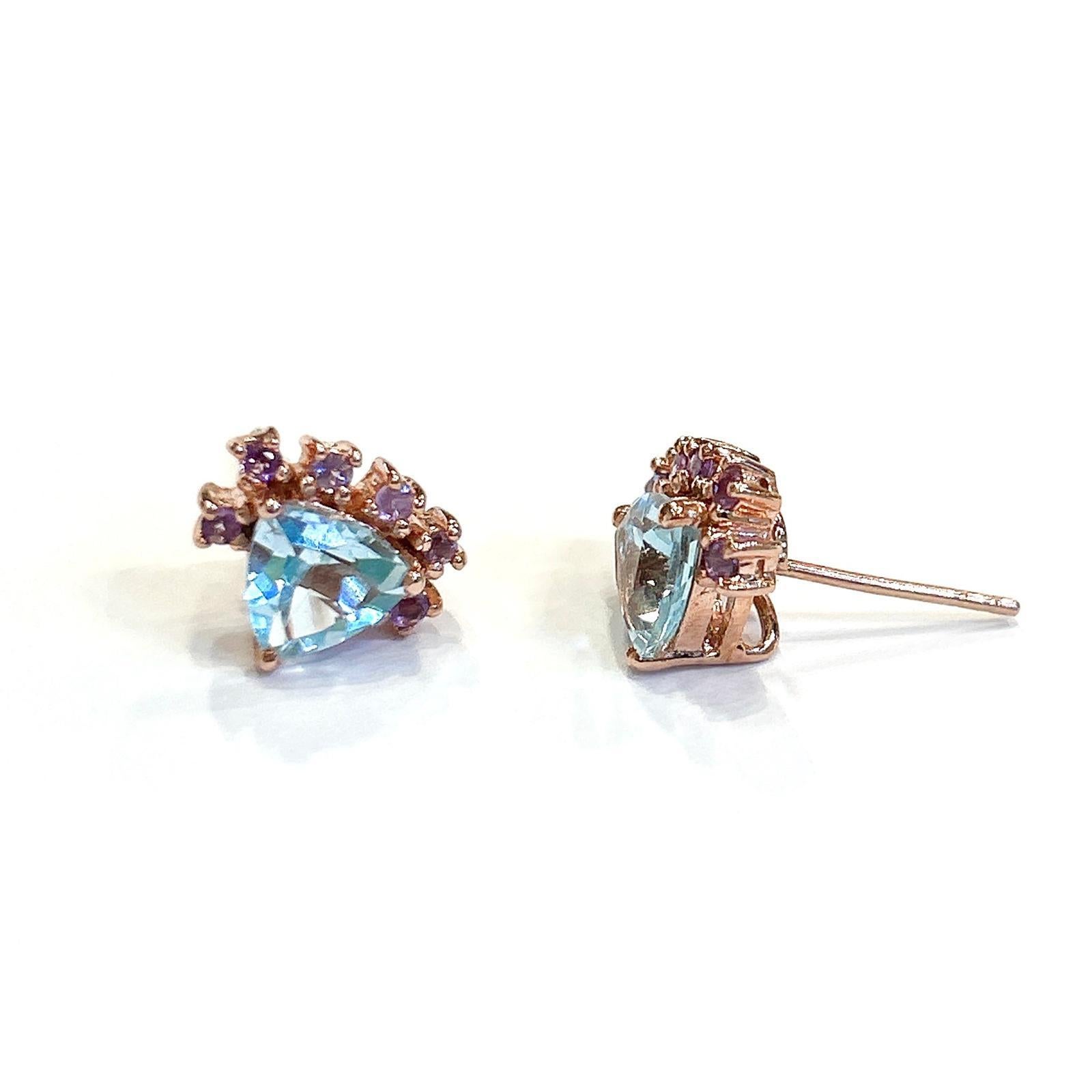 Art Deco Bochic “Orient” Blue Topaz Trillions & Amethyst Earrings Set 18K Gold & Silver For Sale