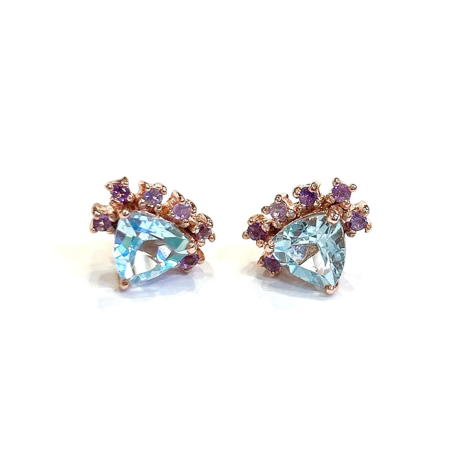 Trillion Cut Bochic “Orient” Blue Topaz Trillions & Amethyst Earrings Set 18K Gold & Silver For Sale
