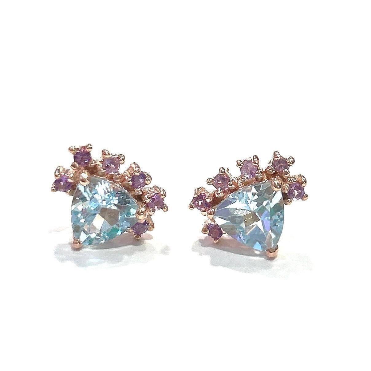 Women's or Men's Bochic “Orient” Blue Topaz Trillions & Amethyst Earrings Set 18K Gold & Silver
