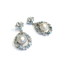 Bochic “Orient” Blue & White Topaz White Pearls Earrings Set 18K Gold & Silver