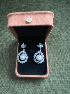 Bochic “Orient” Blue & White Topaz White Pearls Earrings Set 18K Gold & Silver