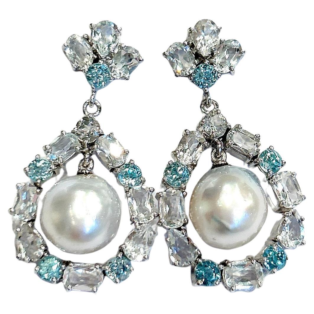 Bochic “Orient” Blue & White Topaz White Pearls Earrings Set 18K Gold & Silver