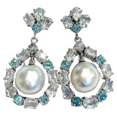 Bochic "Orient" Blau & Weiß Topas Weiß Perlen Ohrringe Set 18K Gold & Silber