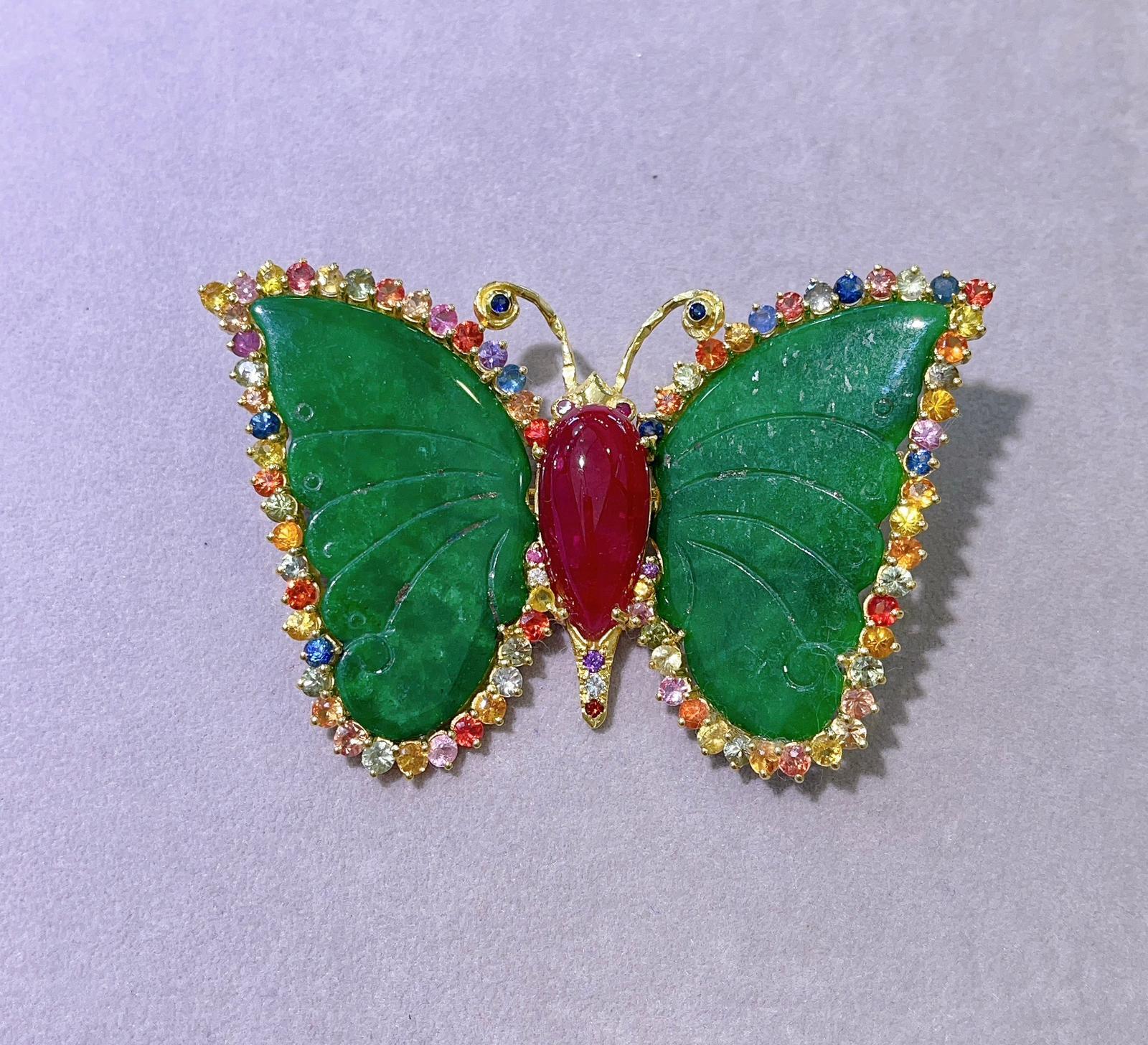 “Orient” Brooch, Ruby, Fancy Sapphires & Jade Set in 22 Gold & Silver For Sale 3