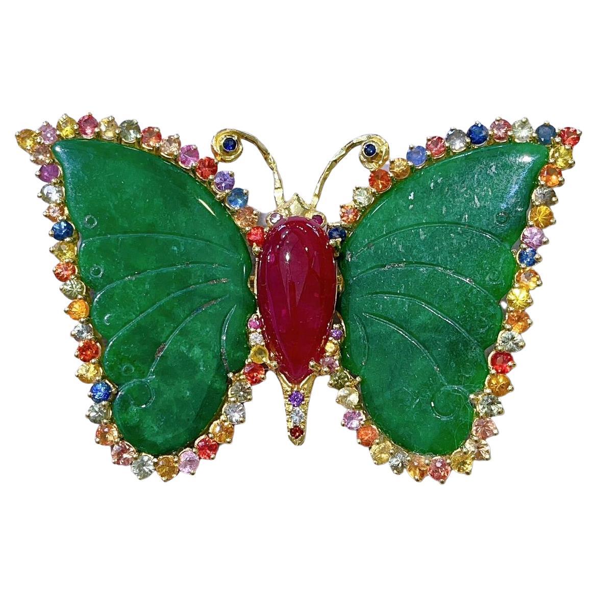 “Orient” Brooch, Ruby, Fancy Sapphires & Jade Set in 22 Gold & Silver For Sale