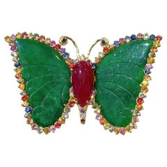 “Orient” Brooch, Ruby, Fancy Sapphires & Jade Set in 22 Gold & Silver