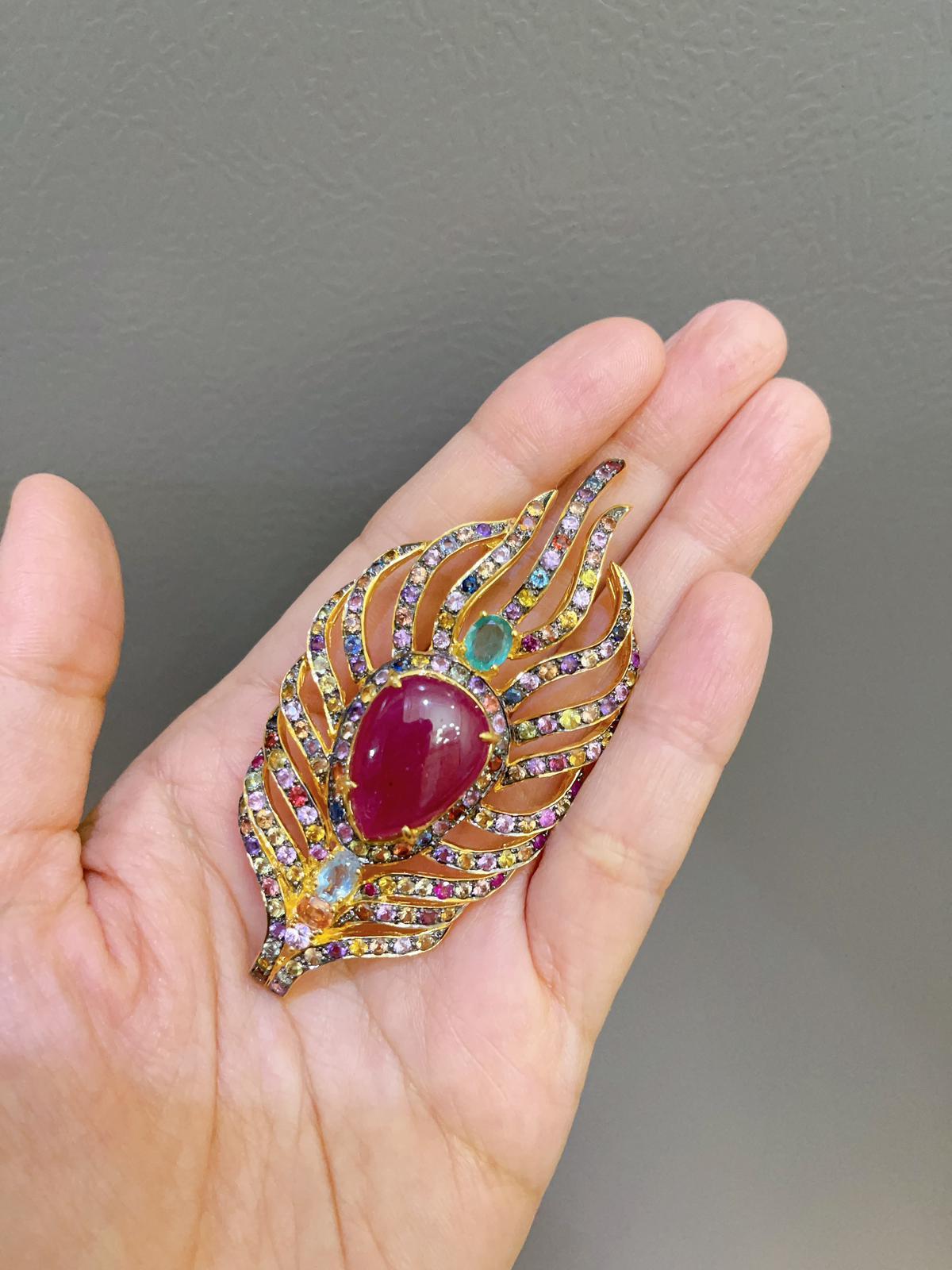 Baroque Bochic “Orient” Brooch, Natural Ruby, Sapphire & Emerald Set in 22 Gold & Silver