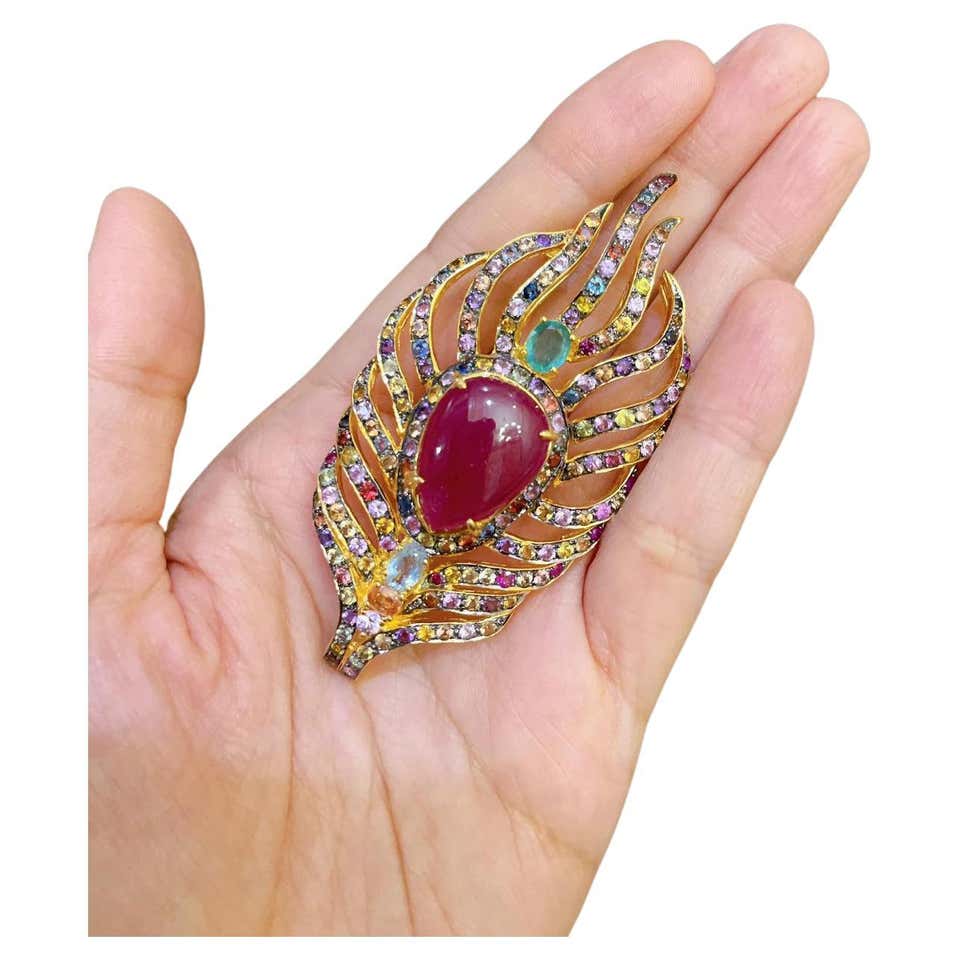Bochic “Orient Swan” Blue Sapphire, Emerald, Ruby Brooch in 22K Gold ...