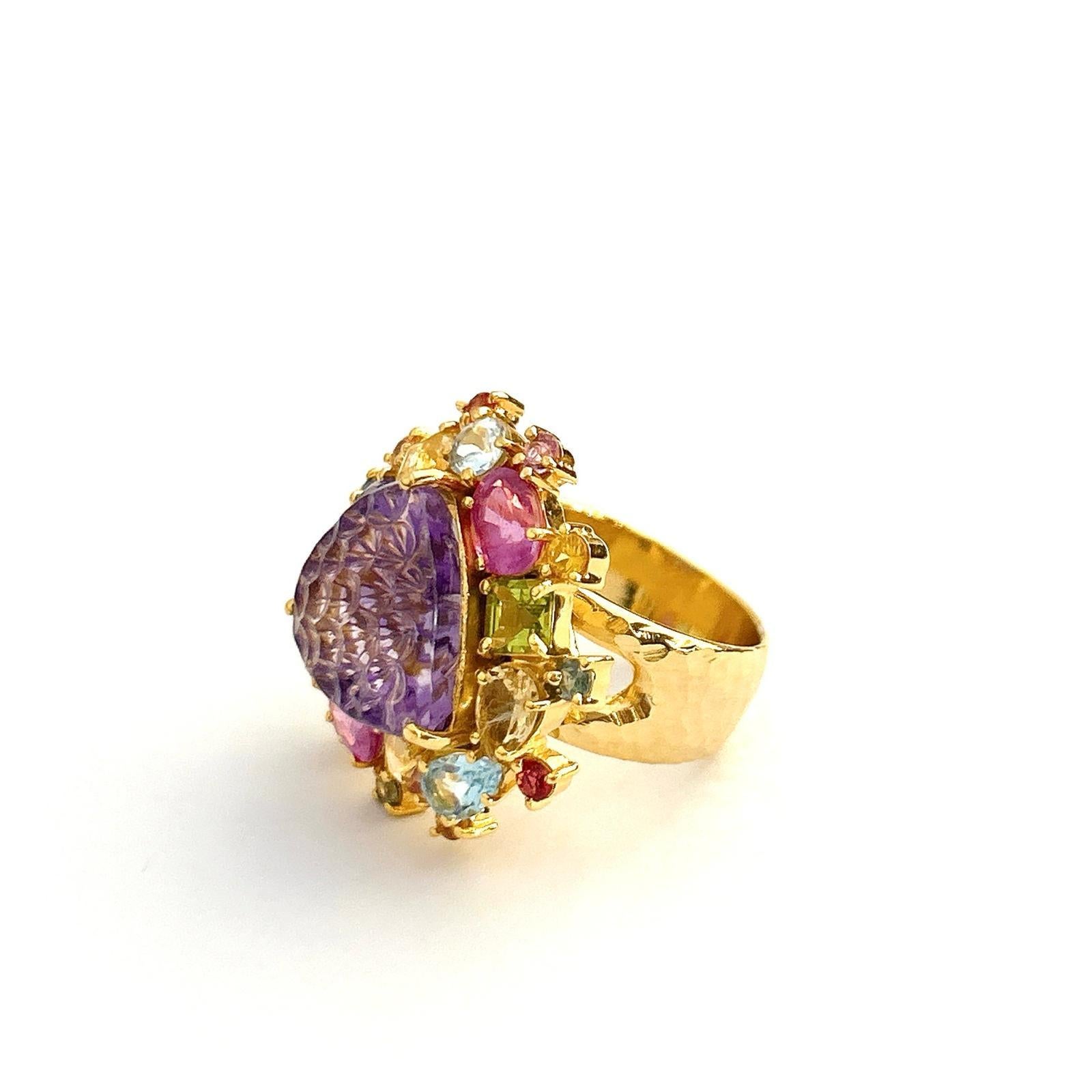 Art Nouveau Bochic “Orient” Candy Amethyst & Multi Gem Cocktai Ring Set In 18k Gold & Silver For Sale