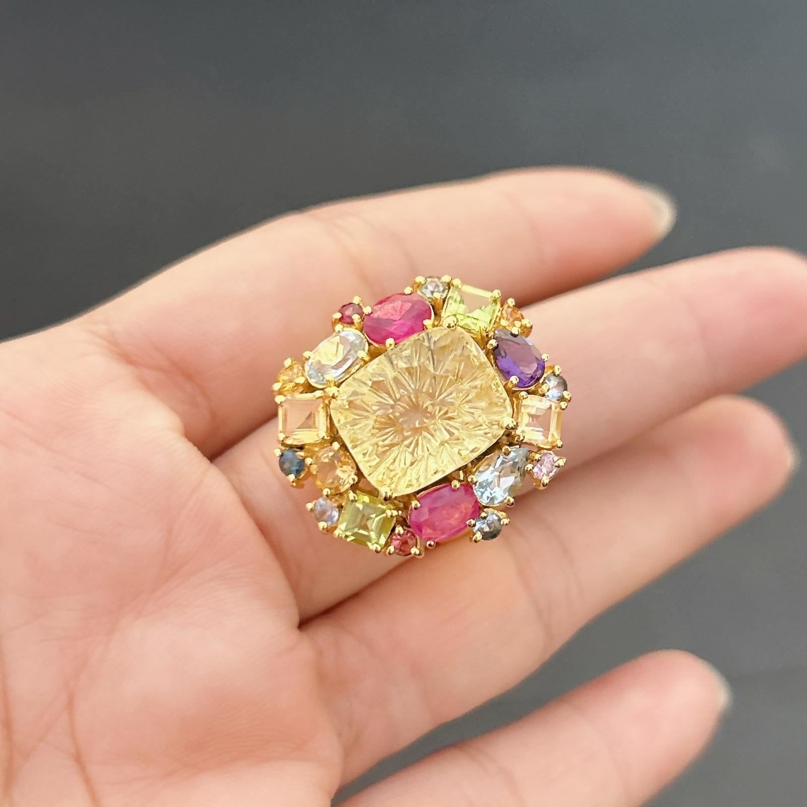 Square Cut Bochic “Orient” Candy Cocktail Citrine & Multi Gem Ring Set In 18k Gold & Silver For Sale