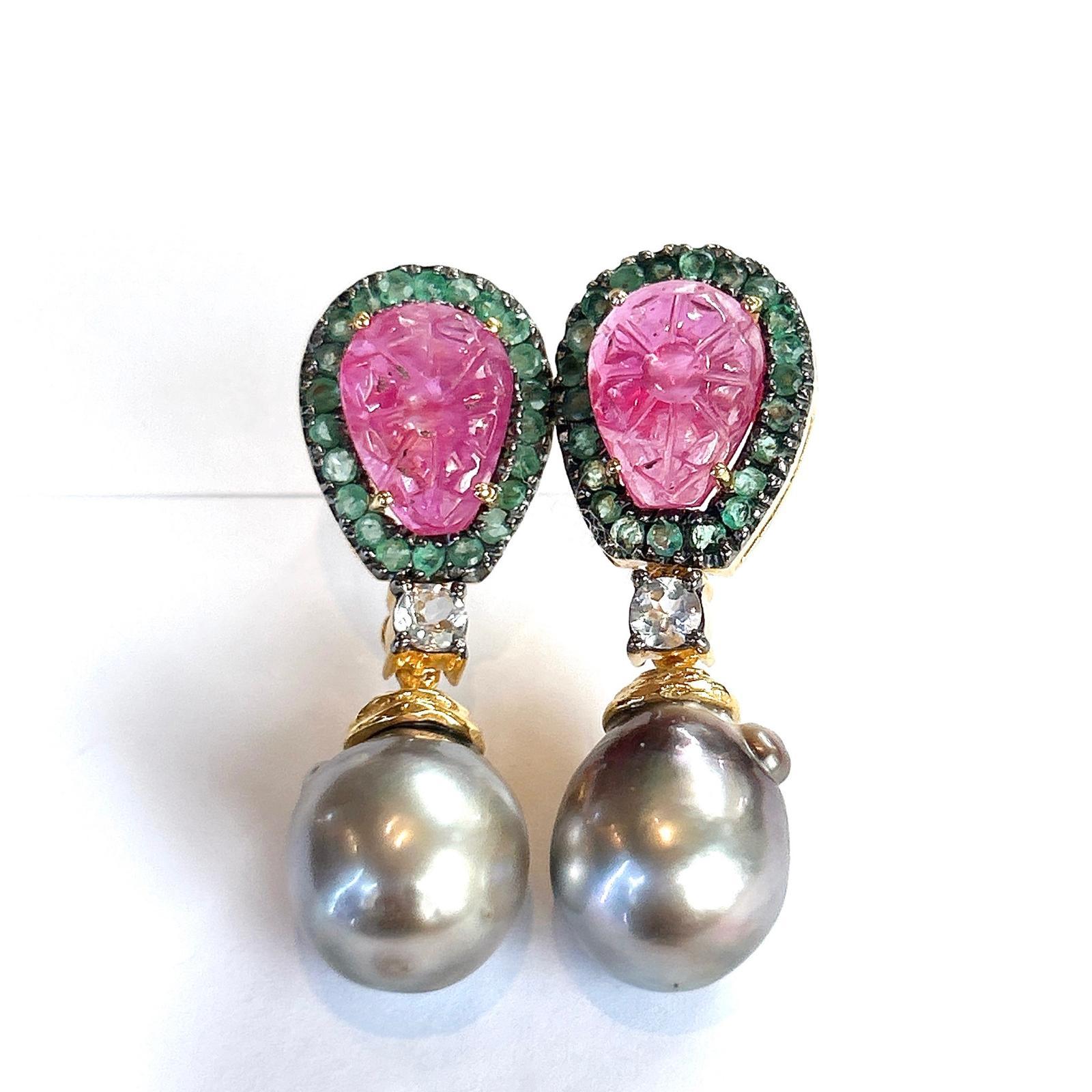 Baroque Bochic “Orient” Carved Ruby, Emerald & Pearl Earrings Set 18K Gold & Silver For Sale