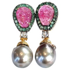 Bochic “Orient” Carved Ruby, Emerald & Pearl Earrings Set 18K Gold & Silver
