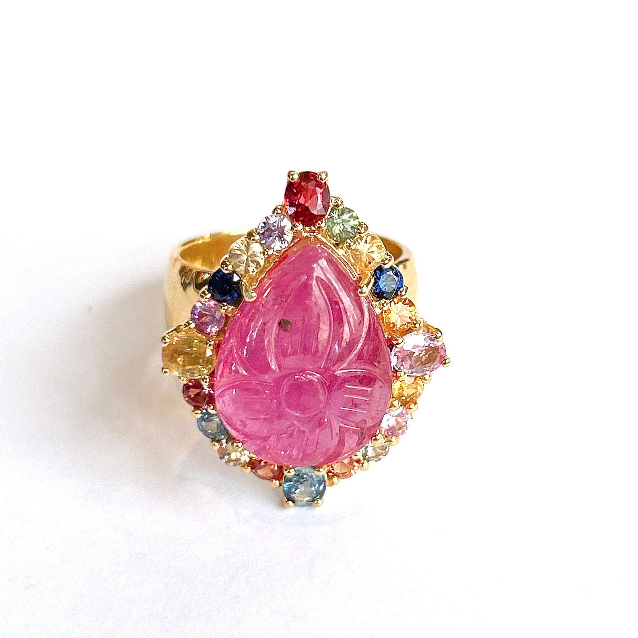 Women's Bochic “Orient” Carved Ruby & Multi Sapphire Cluster Ring Set 18K & Silver For Sale