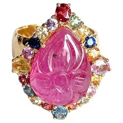 Bochic Orient geschnitzter Rubin & Multi Saphir Cluster-Ring Set 18K & Silber
