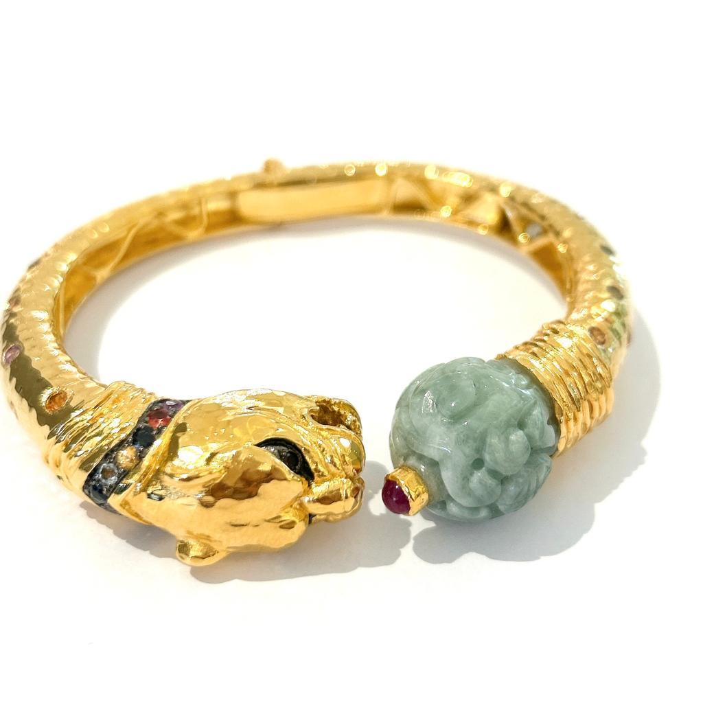 Ball Cut Bochic “Orient” Carved Vintage Mint Jade Bangle Set In 18K Gold & Silver For Sale