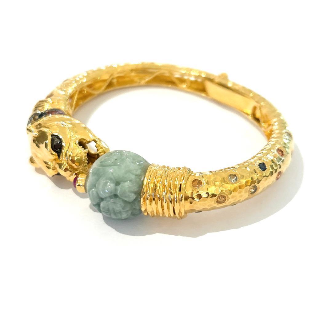 Women's Bochic “Orient” Carved Vintage Mint Jade Bangle Set In 18K Gold & Silver For Sale