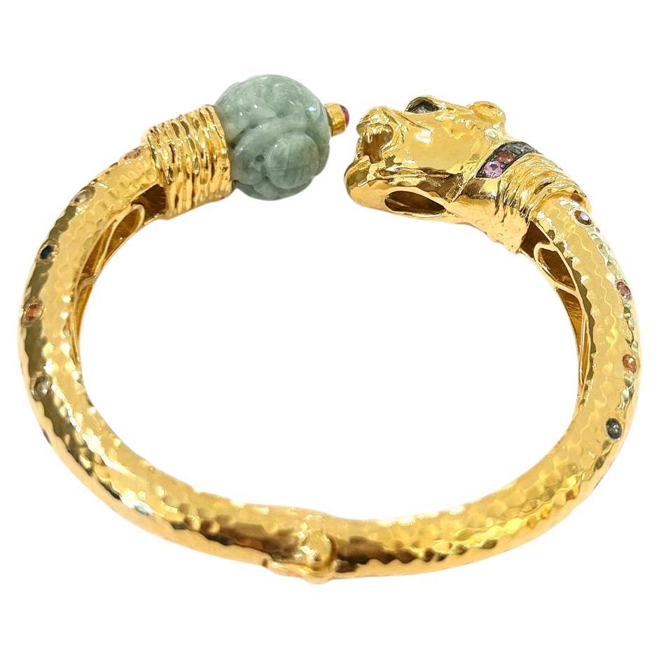 Bochic “Orient” Carved Vintage Mint Jade Bangle Set In 18K Gold & Silver For Sale