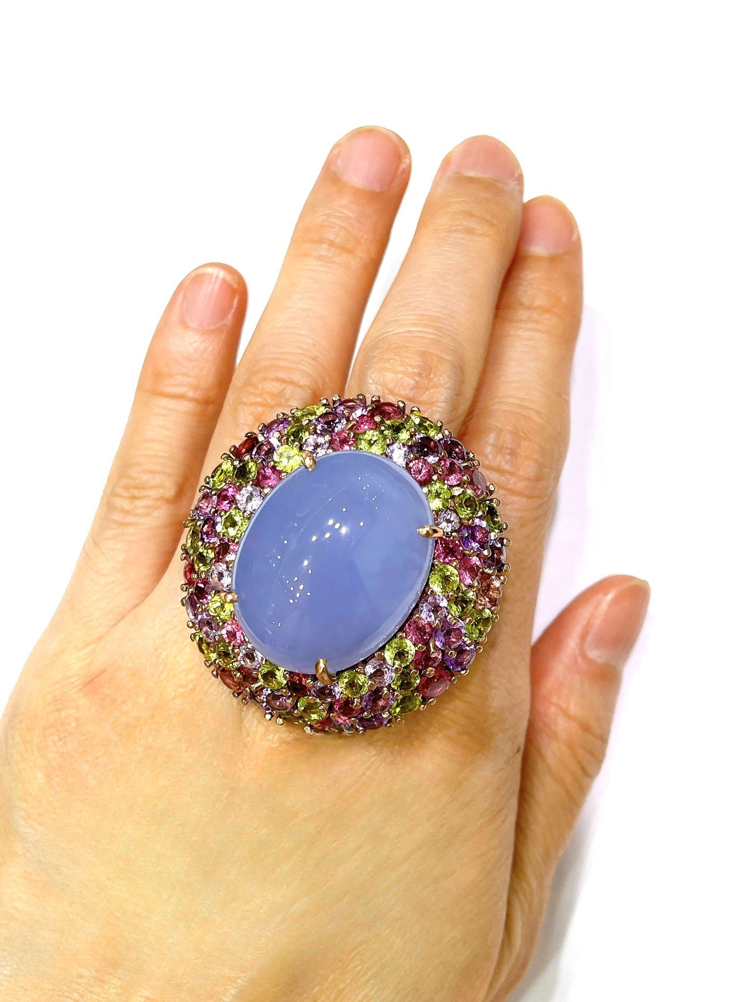 Bochic “Orient” Chalcedony & Multi Gem Cocktail Ring In 18K Gold & Silver For Sale 4