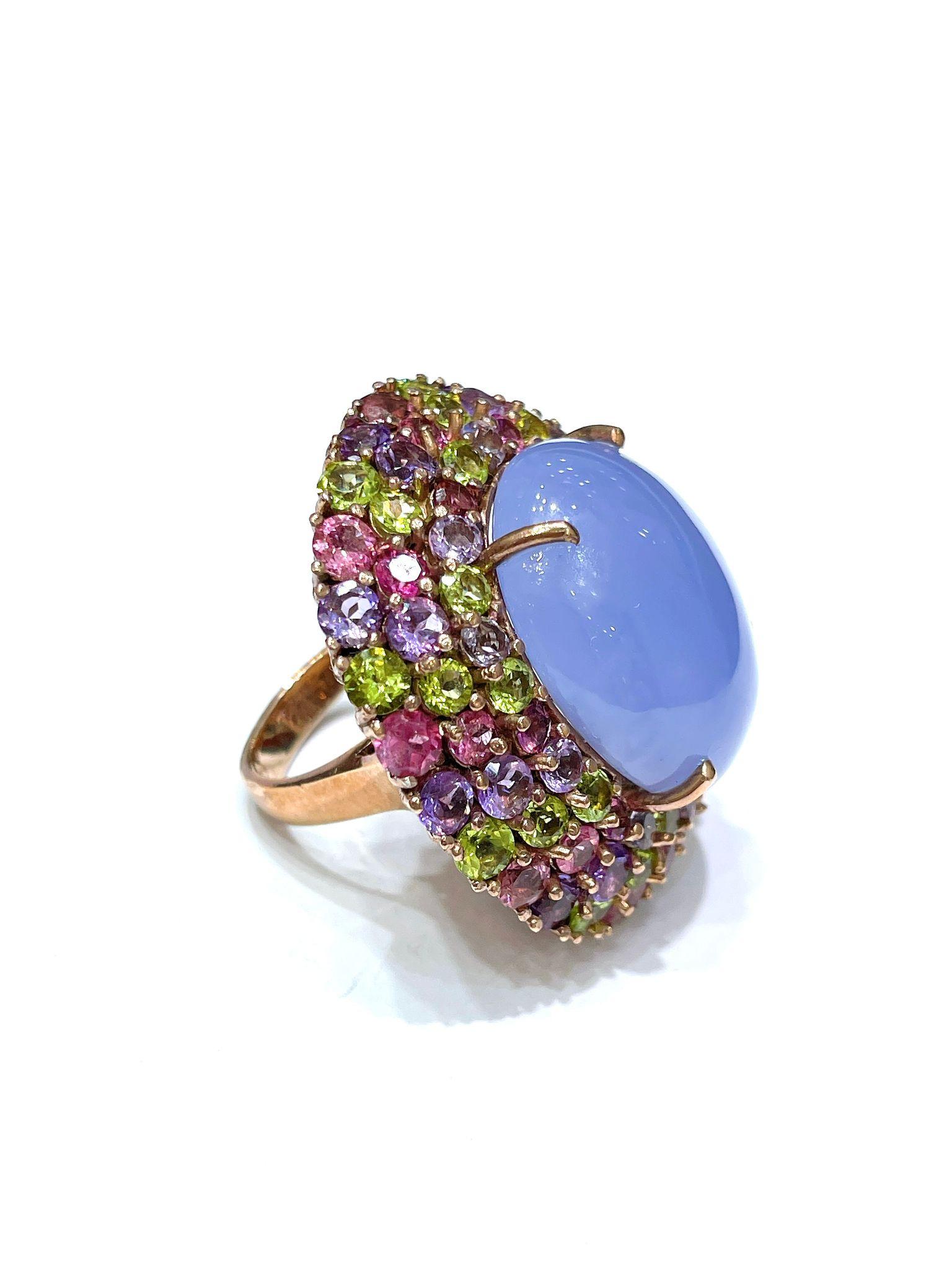 Bochic “Orient” Chalcedony & Multi Gem Cocktail Ring In 18K Gold & Silver For Sale 5